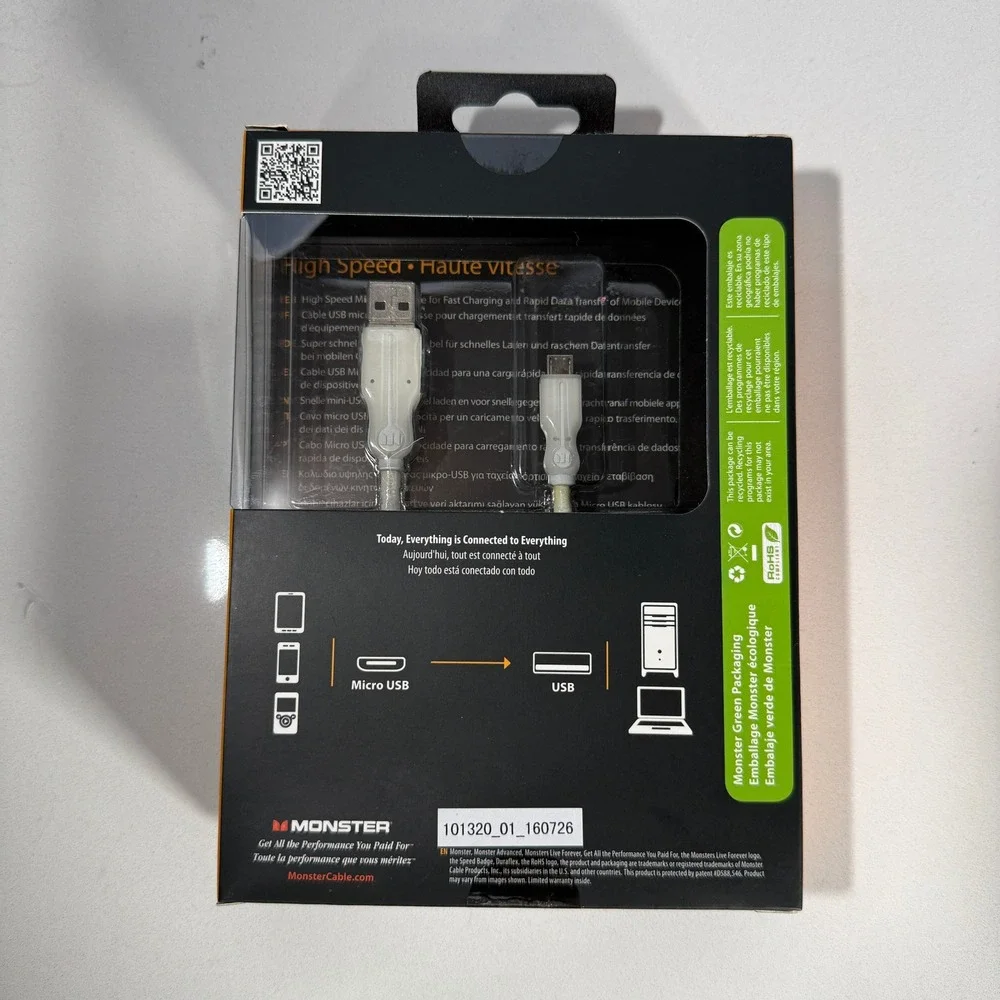 Monster High Speed Micro to USB-A Cable 1.5ft White Fast Charging Data Transfer‎